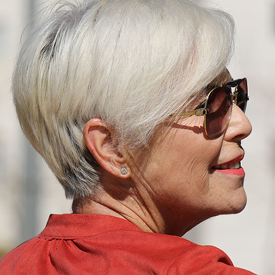 white haired older woman